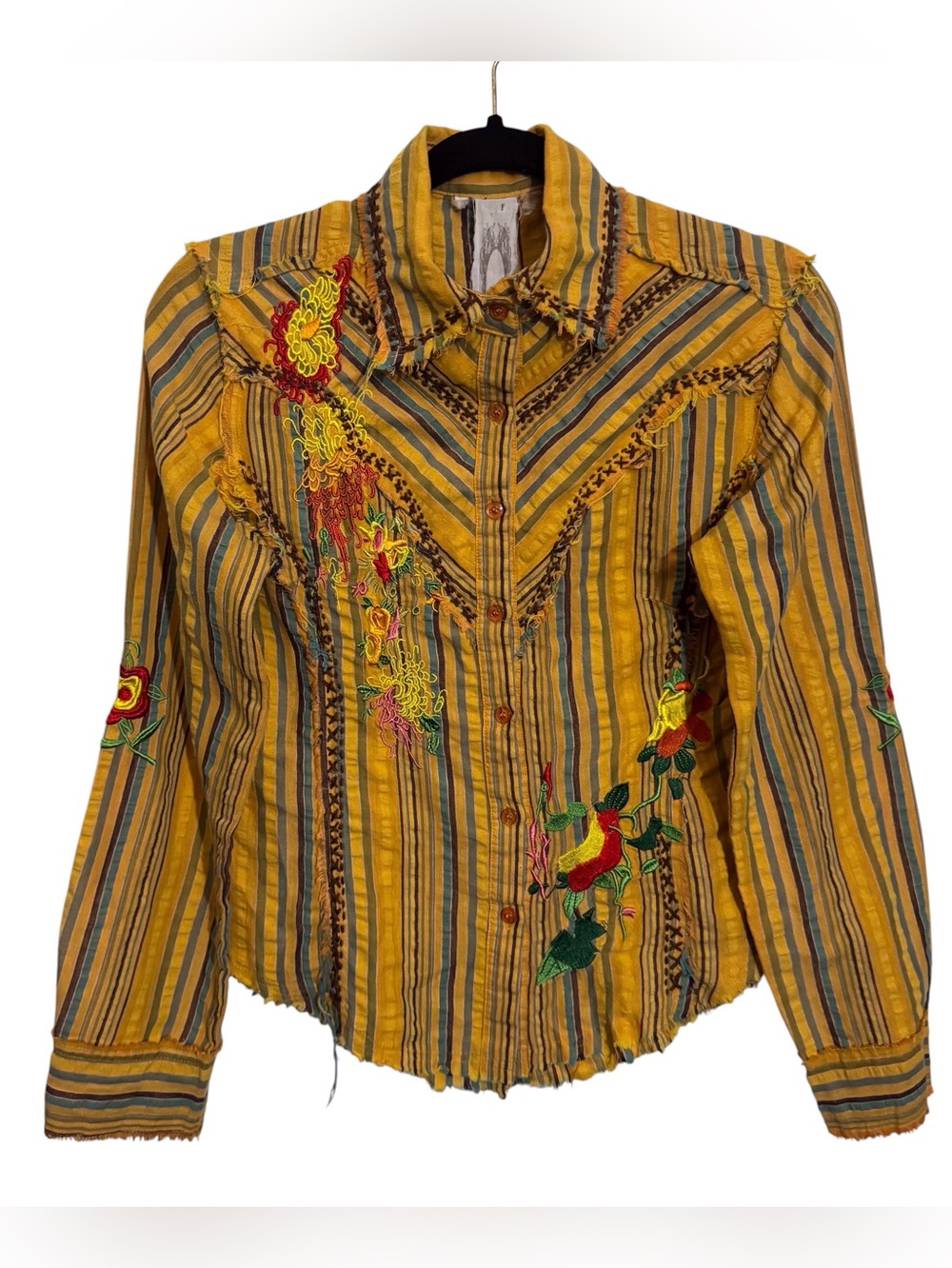 Ya Los Angeles Medium Yellow Floral Embroidered Top Y2K Button Up Boho Blouse